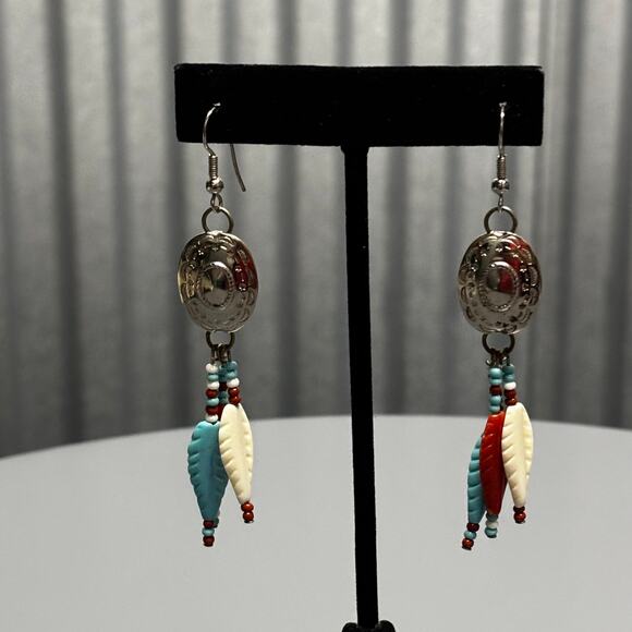 Western Boho Feather Dangle Earrings Turquoise Coral Beaded - Picture 1 of 7